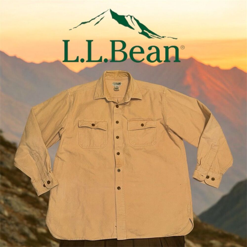 L.L.Bean Men's Beige Chamois Cloth Button-Up Shirt Size L Long Sleeve
